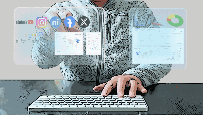 Social Media Platforms on Virtual Computer Screen with Tech in the Background