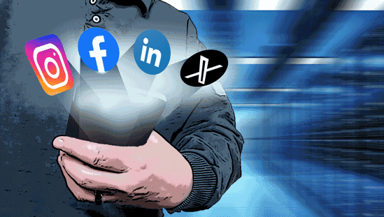 Man Holding Mobile Phone with Social Media Platforms Glowing Above Phone